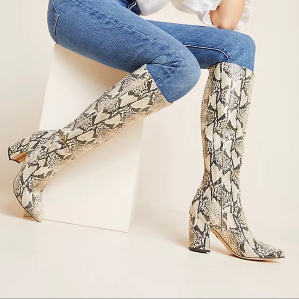 Sam Edelman snakeskin “hai” boots, size 7, chunky heel, knee-high, almost new!!